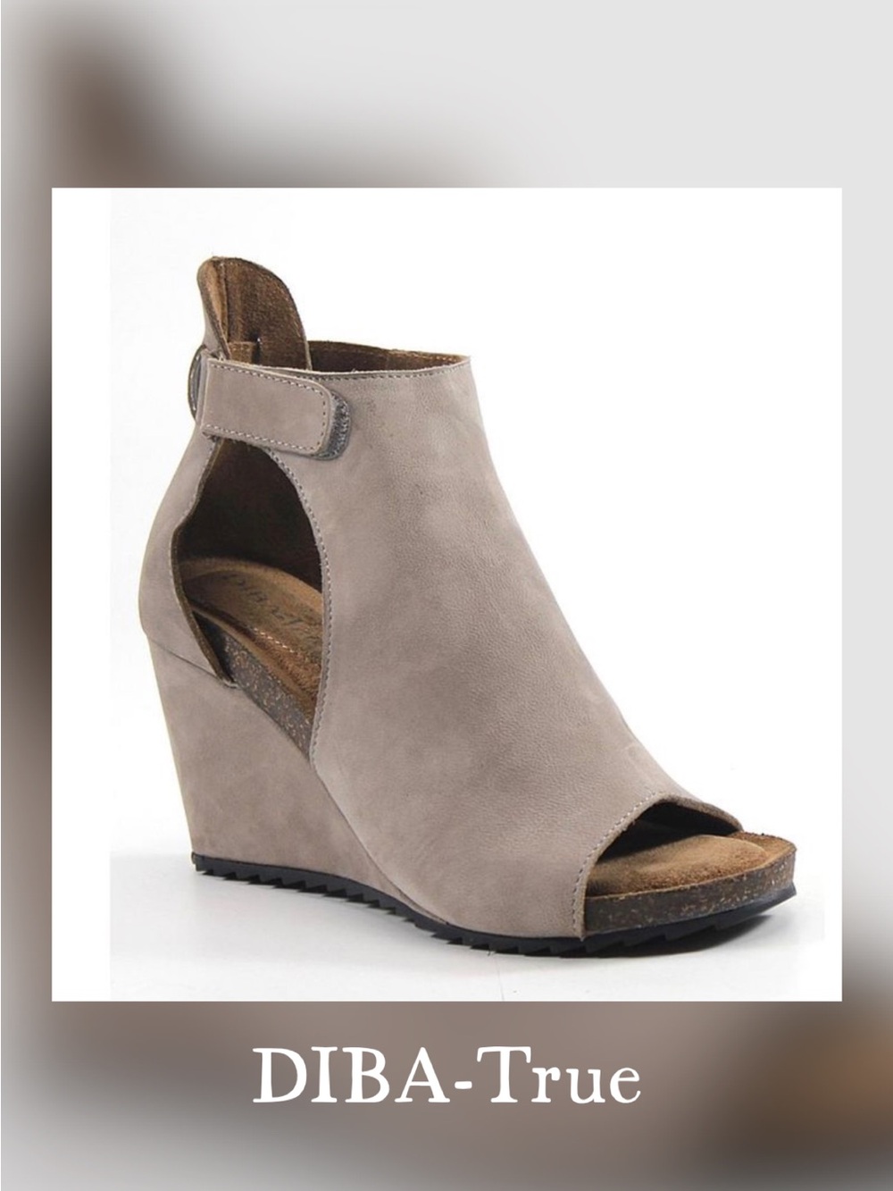DIBA-True Taupe Soft Sueded Leather Open-Toe Wedge with Ankle Strap